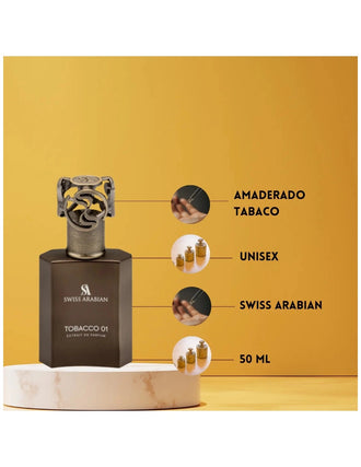 Sticla de parfum Swiss Arabian Tobacco 01 Extrait de Parfum CC 50 ml, design elegant si luxos, cu finisaje atent lucrate, potrivit pentru iubitorii de parfumuri orientale rafinate