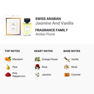 Sticla de parfum Swiss Arabian Jasmin and Vanilla 100 ml, design elegant si luxos, cu finisaje atent lucrate, potrivit pentru iubitorii de parfumuri orientale rafinate