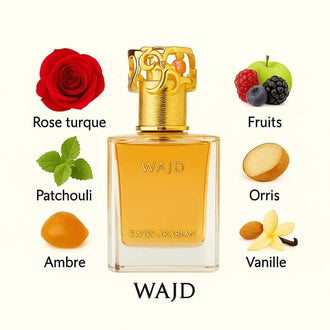 Sticla de parfum Swiss Arabian Wajd Extract de Parfum 50 ml, design elegant si luxos, cu finisaje atent lucrate, potrivit pentru iubitorii de parfumuri orientale rafinate