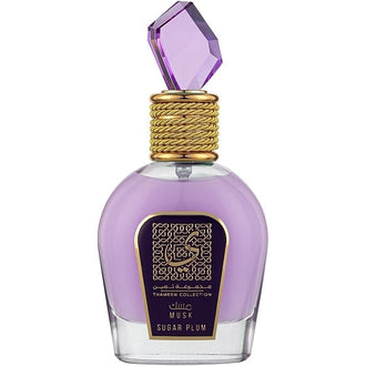 Sticla parfum Lattafa Sugar Plum 100 ml, design gurmand si colorat.
