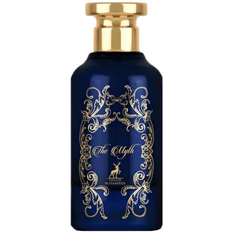 Sticla parfum Alhambra The Myth 100 ml, design alb mat cu detalii aurii regale.