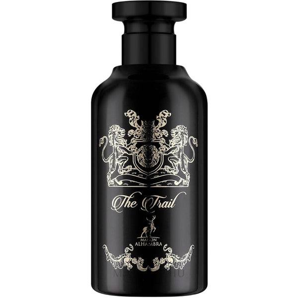 Sticla parfum Alhambra The Trail 100 ml, design negru cu motive aurii.