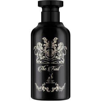 Sticla parfum Alhambra The Trail 100 ml, design negru cu motive aurii.