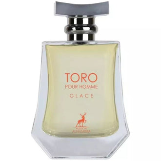 Sticla parfum Alhambra Toro Pour Homme Glace 100 ml, flacon elegant cu aspect matuit.