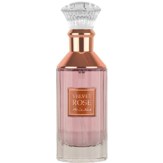 Sticla parfum Lattafa Velvet Rose 100 ml, flacon roz catifelat de lux.