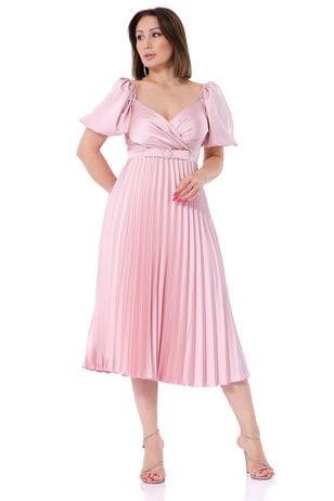 Anita elegant powder pink pleated midi dress with dropped bust 