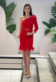 Elegant caprice red dress with dropped shoulder and feathers