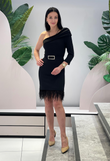 Elegant black Caprice dress with dropped shoulder and feathers