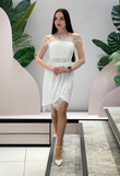 Elegant white Felicity dress with feathers & belt with stones