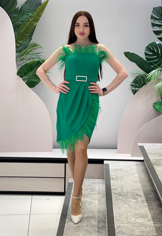 Elegant green Felicity dress with feathers & belt with stones