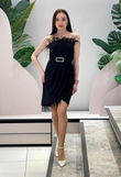 Elegant black Felicity dress with feathers & belt with stones