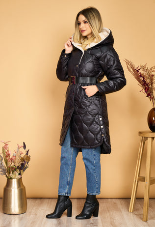 Hippa black quilted fascinator coat with hood & fur collar 