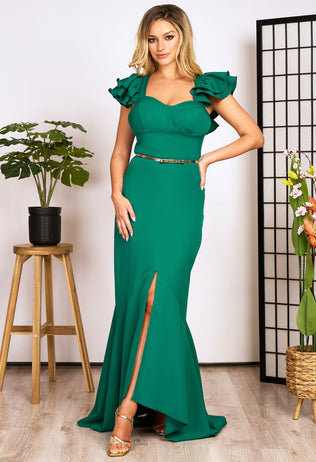 Long green Adele occasion dress with ruffles