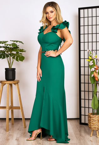 Long green Adele occasion dress with ruffles