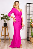 Erica fuchsia long occasion dress worn with a crack on the leg
