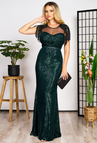 Aurora green long evening dress with sequins and fringes