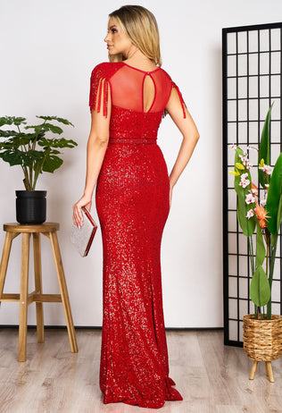 Aurora red long evening dress with sequins and fringes 