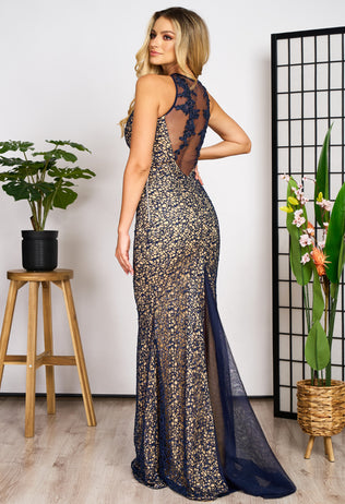 Glamira nude long evening dress with navy blue embroidery and sequins