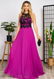Long fuchsia Verona evening dress made of veil and lace with sequins 