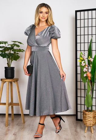 Elegant Perla midi dress for the occasion in gray clos with metallic thread 