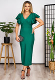 Elegant green Adonia midi dress with frills on the sleeves &amp; necklace with rhinestones 