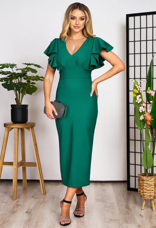 Elegant green Adonia midi dress with frills on the sleeves & necklace with rhinestones 
