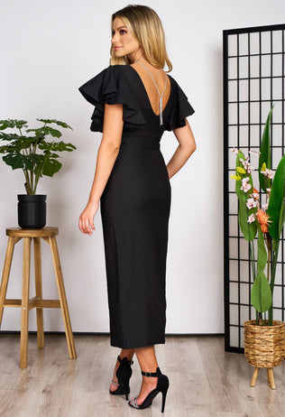Elegant black Adonia midi dress with frills on the sleeves &amp; necklace with rhinestones 
