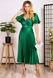 Rochie eleganta Anita midi plisata verde cu bust petrecut