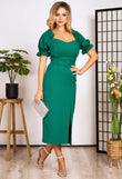 Elegant Bianca midi green pencil dress with frills on the sleeves