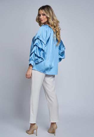 Azalea blue satin blouse with ruffles on sleeves