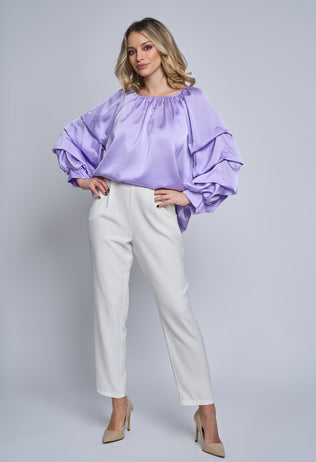 Azalea purple lilac satin blouse with ruffles on sleeves