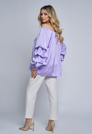Azalea purple lilac satin blouse with ruffles on sleeves