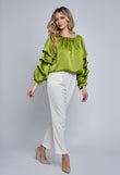 Pistachio green Azalea satin blouse with ruffles on the sleeves