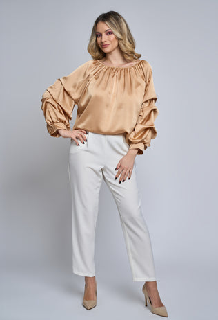 Golden Azalea satin blouse with ruffles on sleeves