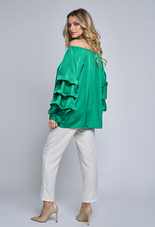 Azalea green satin blouse with ruffles on the sleeves