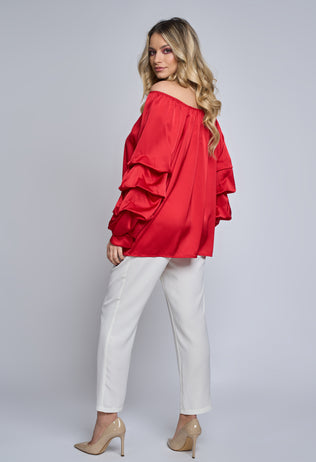Red Azalea satin blouse with ruffles on the sleeves