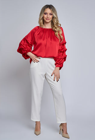 Red Azalea satin blouse with ruffles on the sleeves