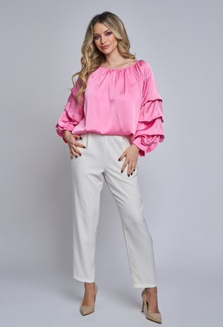 Pink Azalea satin blouse with ruffles on the sleeves