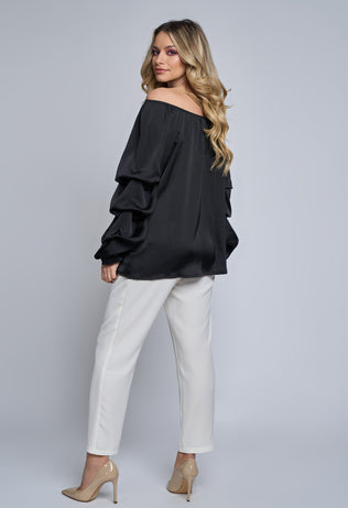 Black Azalea satin blouse with ruffles on sleeves