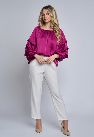 Purple Azalea satin blouse with ruffles on the sleeves