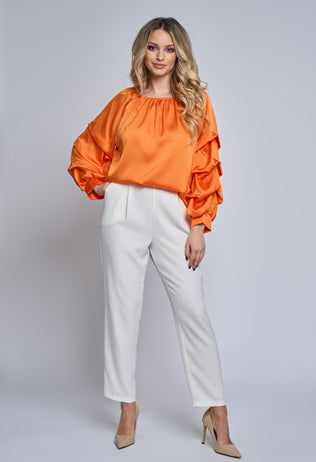 Orange Azalea satin blouse with ruffles on sleeves