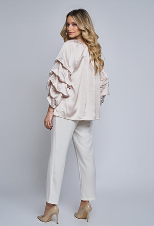 Azalea beige satin blouse with ruffles on sleeves