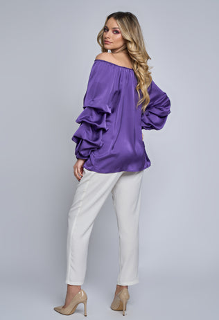 Azalea purple satin blouse with ruffles on sleeves