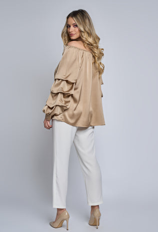 Azalea bronze satin blouse with ruffles on sleeves
