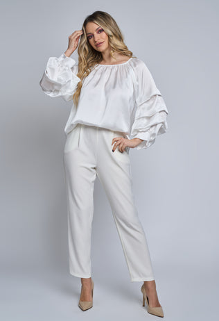 White Azalea satin blouse with ruffles on sleeves