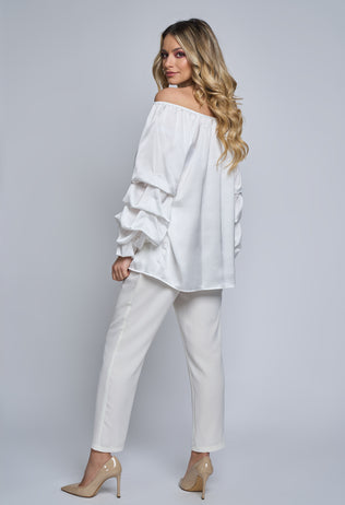 White Azalea satin blouse with ruffles on sleeves