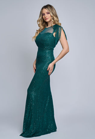 Emerald green Aurora long evening dress with sequins and fringes