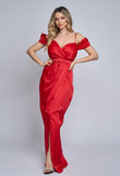 Clara long red party dress with dropped sleeves