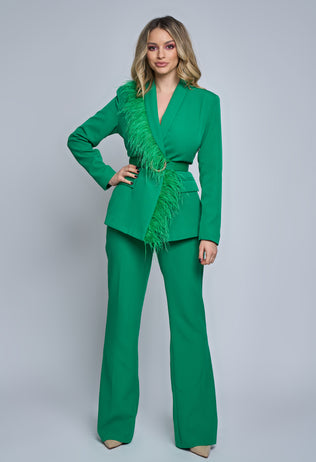 Aliona green women's suit with feathers