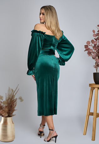 Rochie eleganta din catifea verde Fiona cu maneci bufante